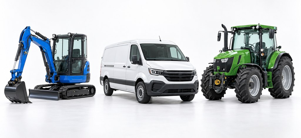Blauer Minibagger, wei�er Transporter und gr�ner Traktor als Beispiele f�r deinen Mietpark
